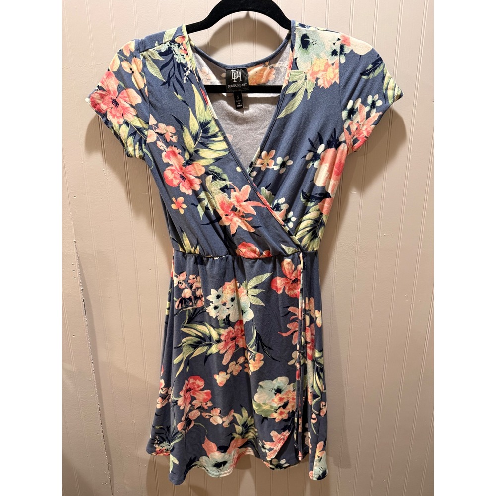 Derek Heart Womens Floral Faux Wrap Dress Blue Pink Tropical Short Sleeve Small
